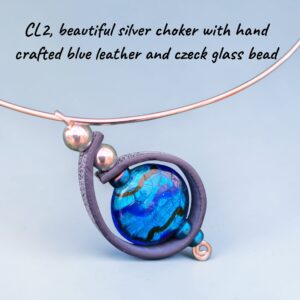 Choker - Silver with hand crafted blue leather and czeck glass bead