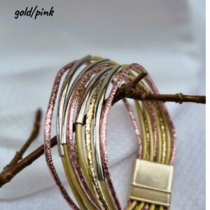 Bracelet - Multi strand gold, pink & tubes