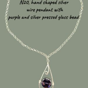 Necklace - Hand shaped silver wire pendant. Purple and silver pressed glass bead