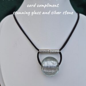 Necklace - Soft black suede cord. Glass & silver stone