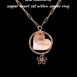 Necklace - Hand textured copper heart set within copper ring with flower drop