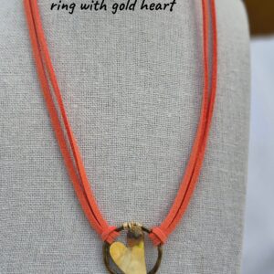 Necklace - Bright orange,brass ring with gold heart