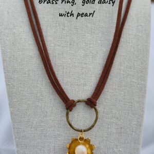 Necklace - Chocolate brown, brass ring, gold daisy with pearl