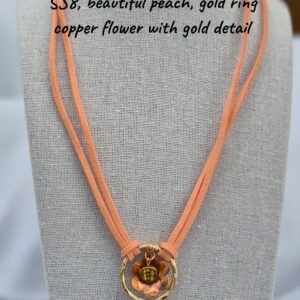Necklace - Peach, gold ring, copper flower and gold bead with gold detail